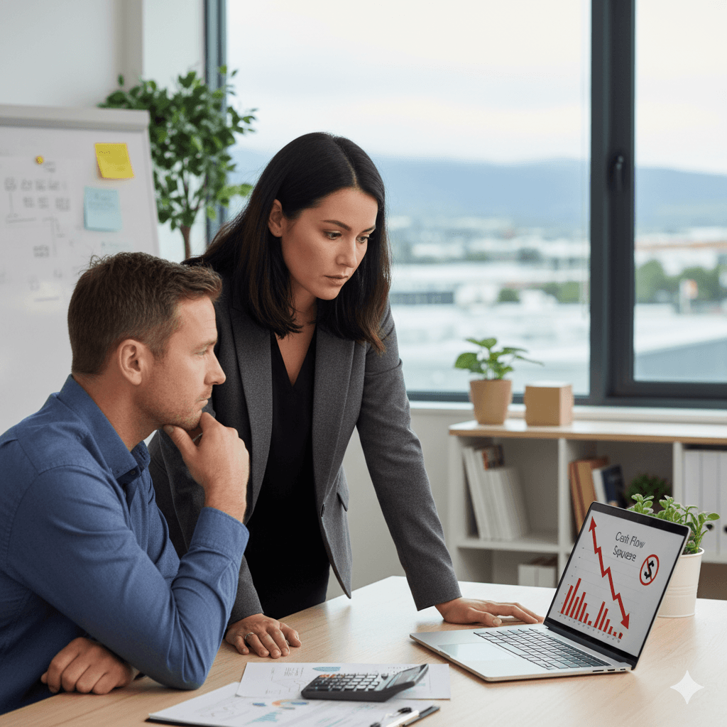 Two business professionals reviewing financial data on laptop.